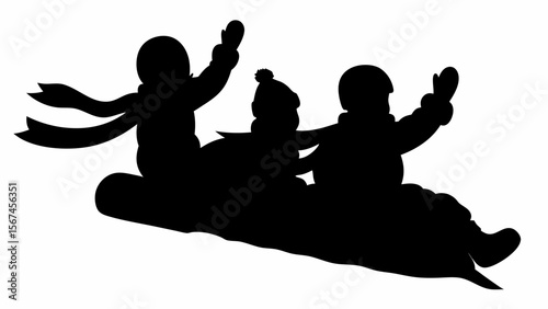 Silhouette of three children sledding down a hill together during winter snow wearing winter clothes and mittens