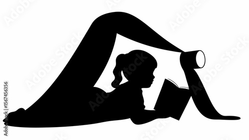 Silhouette of a girl reading a book under a blanket fort with a roll of toilet paper as a prop for the fort