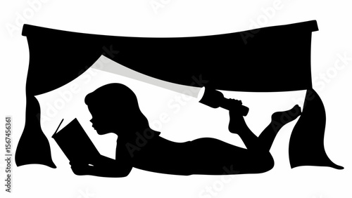 Silhouette of a girl reading a book with a flashlight under a blanket fort, creating a cozy atmosphere