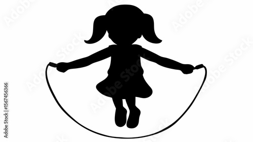 Silhouette of a girl with pigtails jumping rope in a playful and energetic pose on a white background