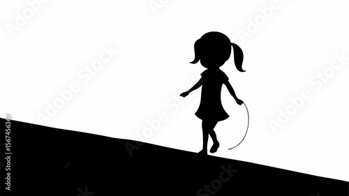 Silhouette of a girl with pigtails skipping rope on a black hill against a white background simple design