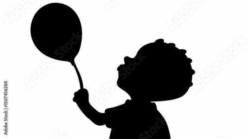 Silhouette of a child holding a balloon looking up in a black and white graphic design illustration