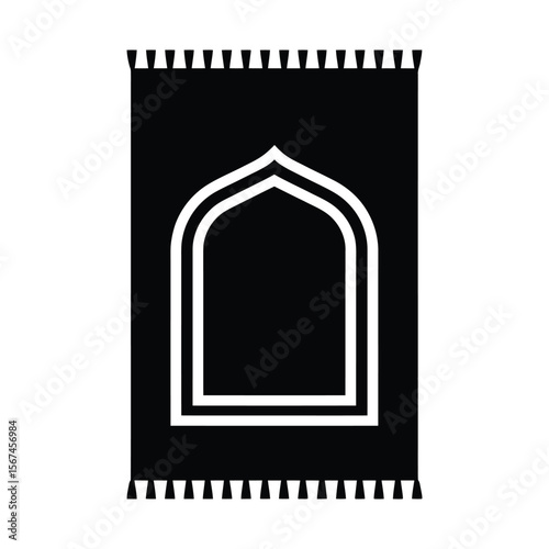 A minimalist black and white Silhouette design of a prayer mat with a geometric Islamic arch design