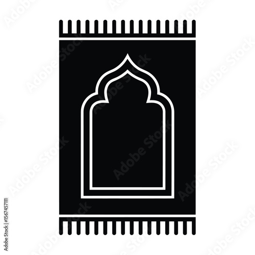 A minimalist black and white Silhouette design of a prayer mat with a geometric Islamic arch design