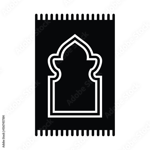 A minimalist black and white Silhouette design of a prayer mat with a geometric Islamic arch design