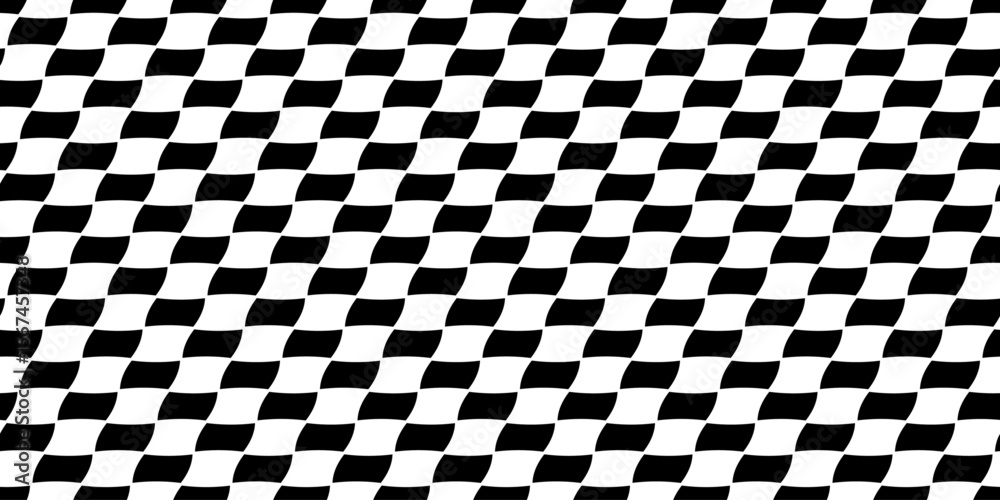 Fototapeta premium Seamless Black and White Wavy Checkered Pattern. Optical Illusion Vector Background. Bold and dynamic vector texture. Flowing, warped checkerboard for modern backgrounds, textiles, packaging, paper.