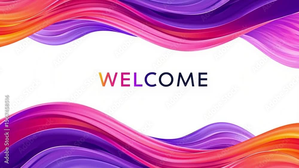 3D welcome background with colorful waves in purple, orange, and pink