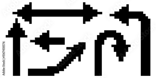Set pixel arrow vector, a collection of retro-style directional indicators. Ideal for gaming interfaces, navigation, or nostalgic designs needing clear, pixelated pointers.