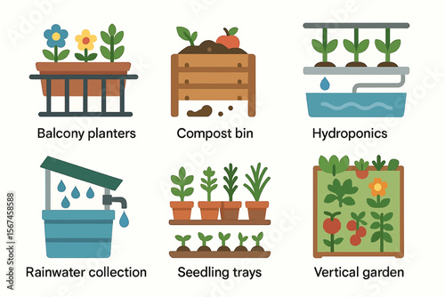 Urban Gardening Icons – Colorful Vector Set of Tools, Systems, and Green City Scenes

