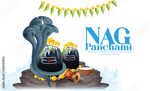 Nag Panchami festival with sacred serpents, Shivlings adorned with flowers, and traditional elements reflecting devotion, auspiciousness, and cultural significance, honoring snake deities