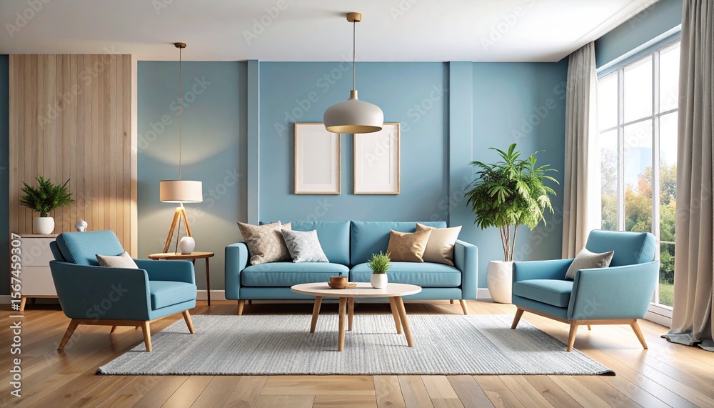 Fototapeta premium Serene Blue Living Room Interior Design Modern Comfort and Style