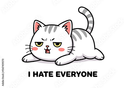 Cartoon Grumpy White Cat with Gray Stripes Lying Down Expressing Displeasure.