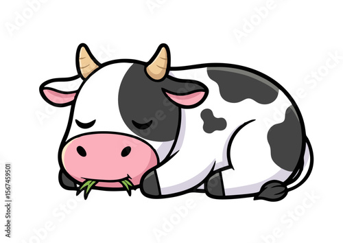 Cute Cartoon Cow Sleeping and Eating Grass.