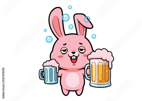Cartoon Pink Rabbit with Beer Glasses Happy and Relaxed Pose.
