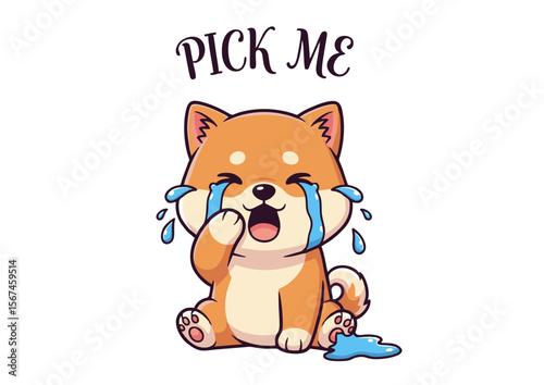 Crying Shiba Inu Puppy Cartoon Character with Tears and Pleading Expression.