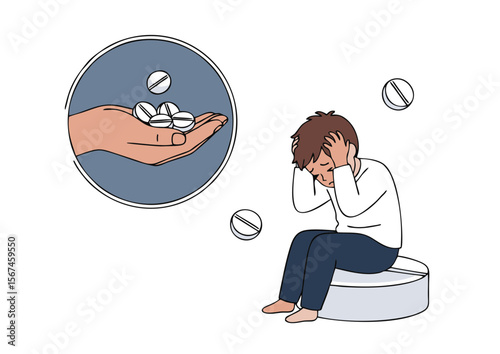 Depressed Person with Hands on Head Sitting on Pill Pills Nearby.