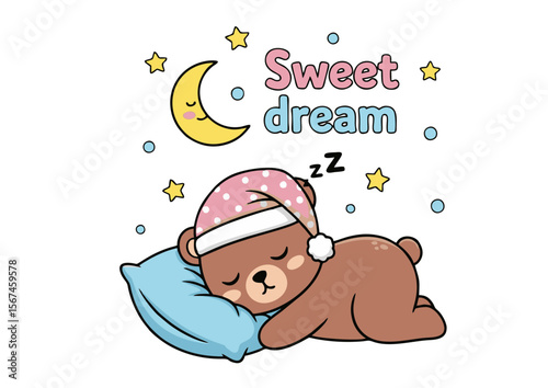 Cartoon Brown Bear Sleeping on Blue Pillow with Pink Polka Dot Cap.