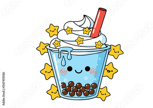 Cute Bubble Tea Cartoon with Stars Boba Pearls and Whipped Cream.