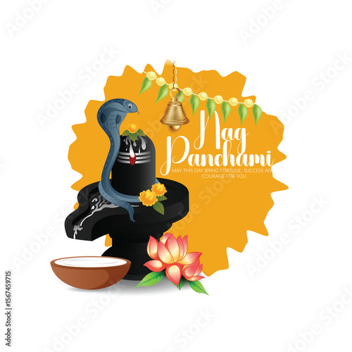 Nag Panchami festival with sacred serpents, Shivlings adorned with flowers, and traditional elements reflecting devotion, auspiciousness, and cultural significance, honoring snake deities
