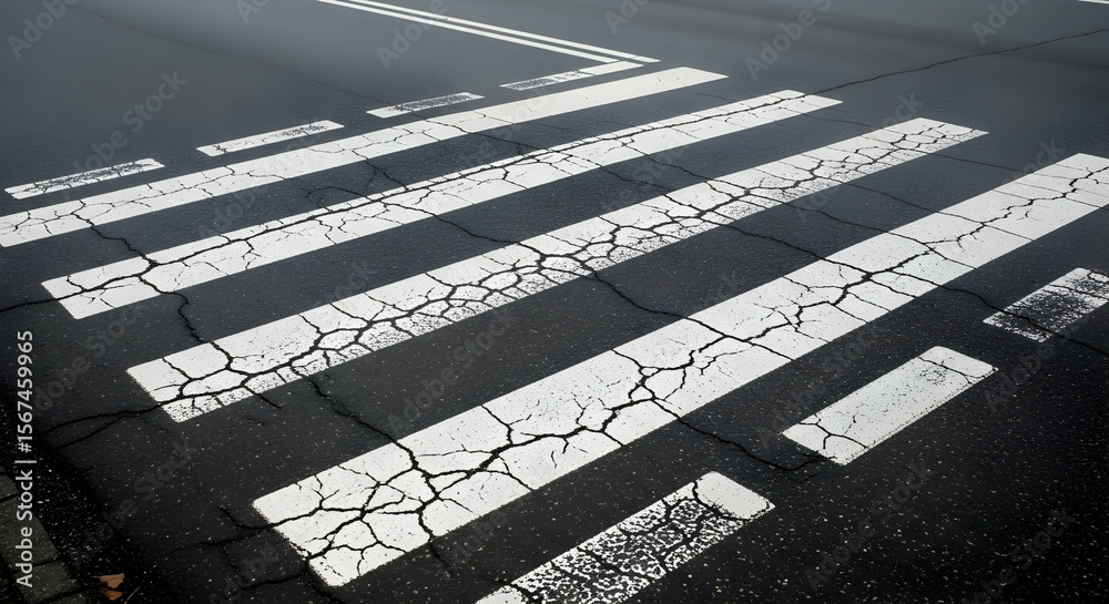 Fototapeta premium Worn Zebra Crossing On Asphalt Road In Urban Environment For Pedestrian Safety
