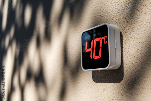 Digital termometer showing 40 degrees fahrenheit temperature on wall in hot summer