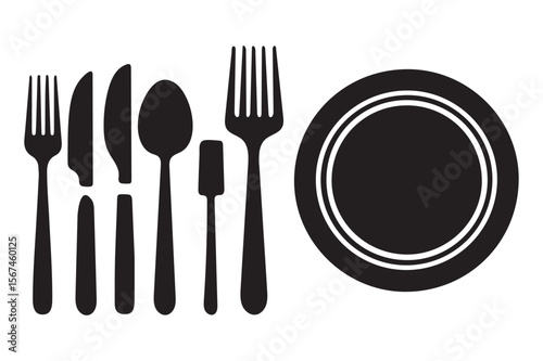 Dish, fork, knife and plate icon set, cutlery vector icon set vector illustration on white background