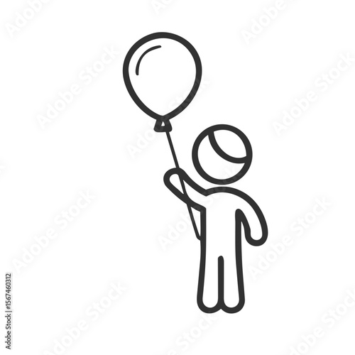 Child holding balloon icon for birthday invitations, party supply websites, celebration blogs