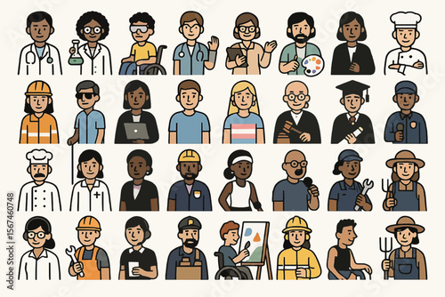 Inclusive Professions Icon Set – Diverse Characters in Careers and Roles

