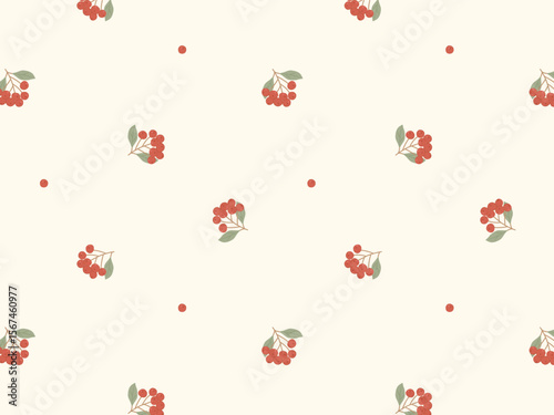 Seamless pattern with red berry branches and green leaves in hand-drawn vector style. Light beige background, soft muted tones. Ideal for fabric, wrapping paper, stationery, seasonal design.