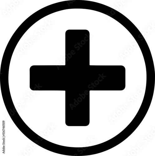 Simple black plus sign inside a circle silhouette