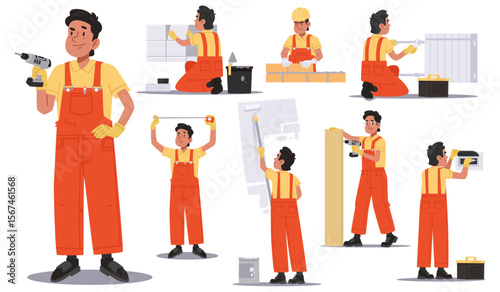Handyman. A worker who performs any kind of work. Laborman, builder and electrician, plumber and painter character set