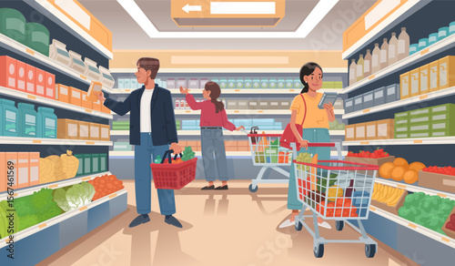 Grocery store. Supermarket, people choosing goods on the shelves of the store. Vector illustration