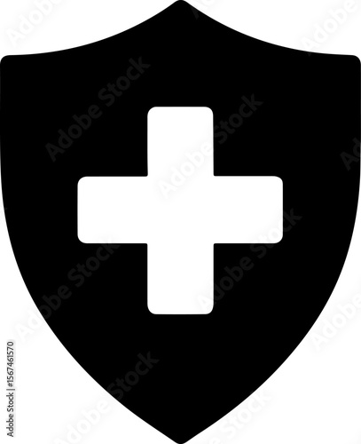 Black shield with white medical cross symbol silhouette for healthcare protection