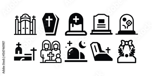 Graveyard and Cemetery Icons Bundle – Dia dos Finados Vector Silhouette & Line Art