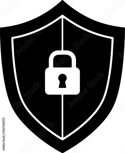 Black shield icon with a white padlock symbol representing security and protection silhouette