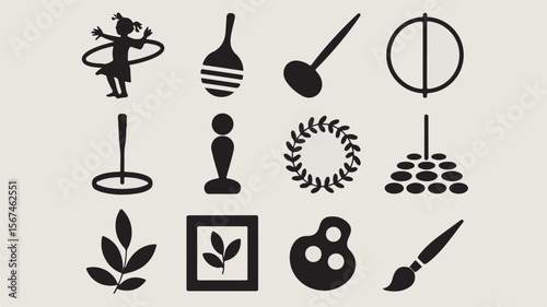 Set of minimalist black icons illustrating art sports nature and abstract concepts for design elements