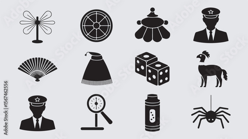 Vector illustration featuring various black and white silhouettes of everyday objects and elements on a grey background