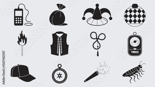 Vector illustration of various silhouettes including a vintage phone torch jester hat compass and insect for design usage