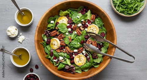 a vibrant Christmas salad, featuring mixed greens, candied pecans, dried cranberries, goat cheese, and a light vinaigrette, 