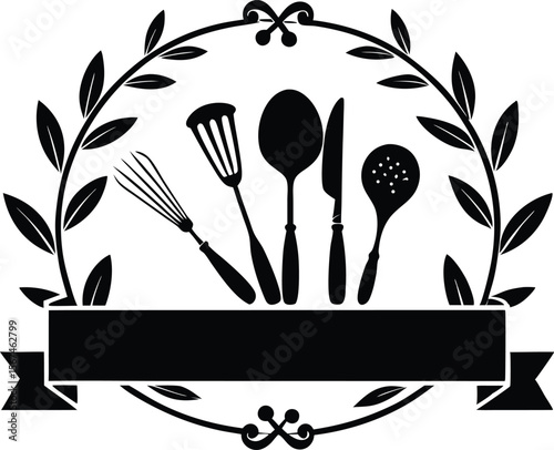 Kitchen Utensils with Laurel Wreath and Banner Vector Silhouette Illustration
