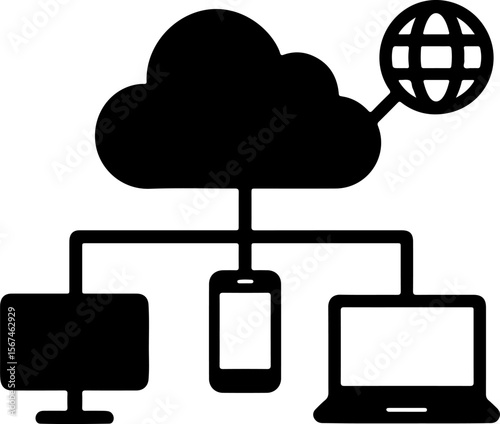 Cloud computing network connecting devices and the internet silhouette