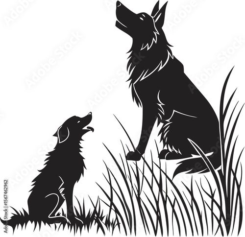 Two Dogs Sitting in Grass Silhouette Vector Illustration on White