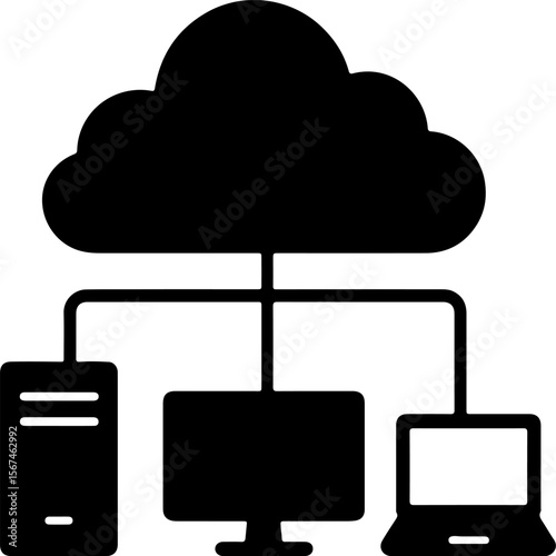 Cloud computing network connection between devices and the cloud silhouette