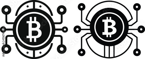 Two Bitcoin Cryptocurrency Icons with Circuit Board Design in Black and White
