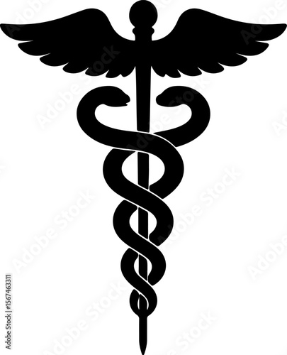 Black caduceus medical symbol with wings and snakes silhouette