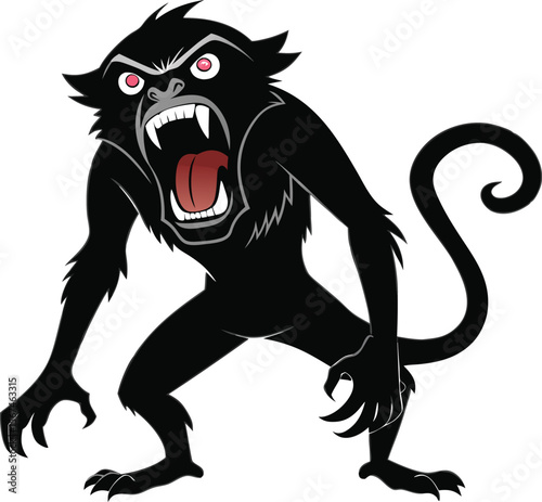 Cartoon Angry Black Monkey with Red Eyes and Sharp Teeth