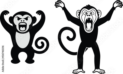 Two angry cartoon monkeys with raised arms in black and white