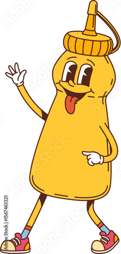 Cartoon groovy mustard sauce yellow bottle character with expressive eyes, tongue out, wears sneakers and making cheerful gesture. Isolated vector food dressing retro personage with quirky expression