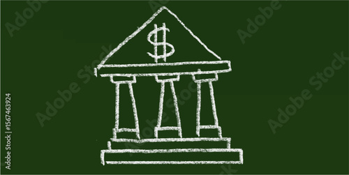 Chalk drawing of bank building with dollar sign on green chalkboard. Symbol of finance, money, savings, investment, economy, business, banking, wealth, and financial institution concept.