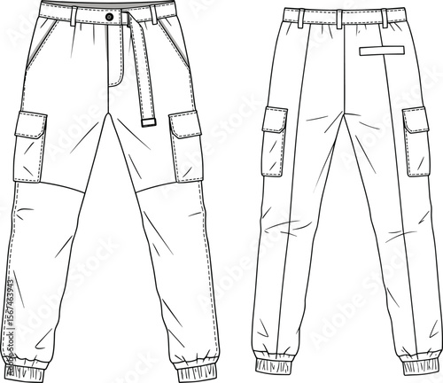Cargo pants cad drawing flat vector illustration, side flap pockets, elastic cuffs, buttoned waistband, front and back technical sketch layout